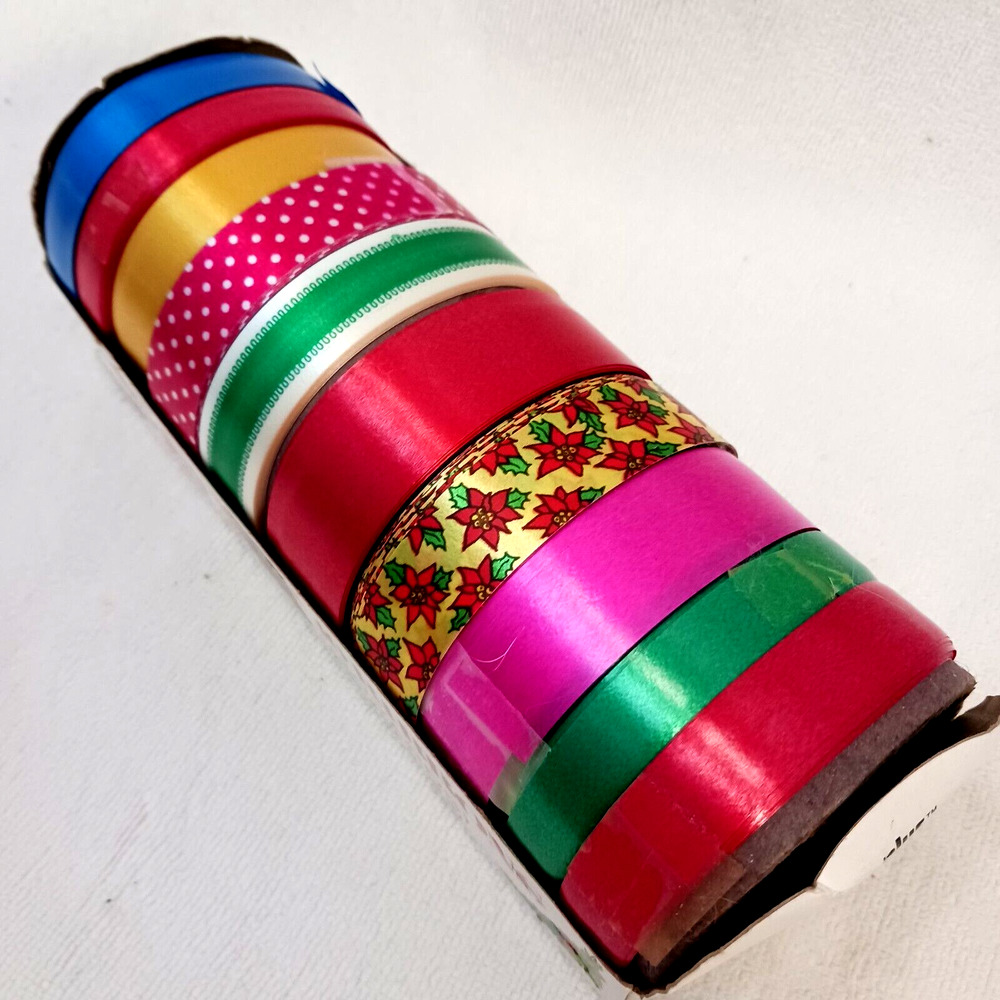 Vintage 1980s Christmas Ribbons 10 Rolls‎ 50 Yards Gift Wrap New in Box!!
